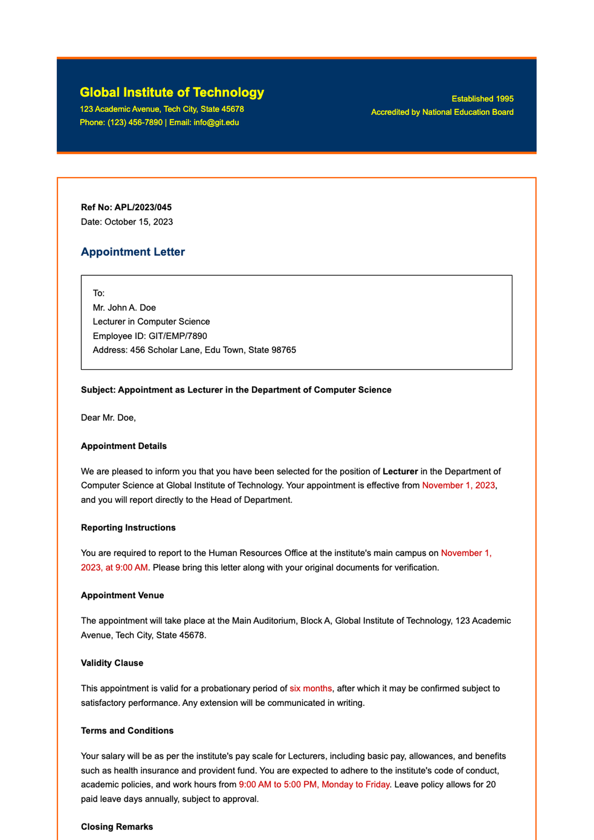 Institute staff appointment letter sample for computer training instructor with editable fields and_variant_1